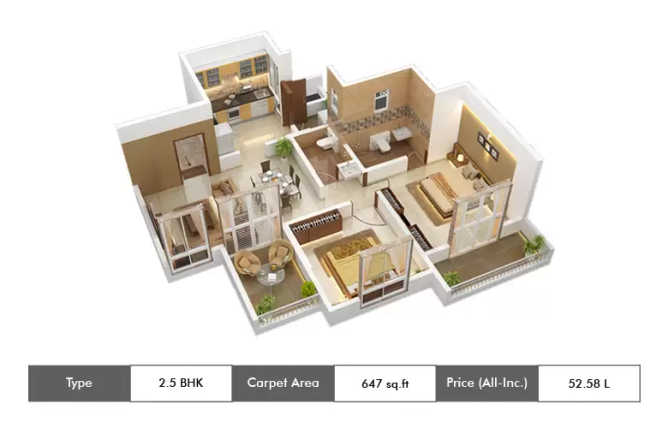 Shriram Suvilas Palms Myadarahalli - Floor plan 2.5 BHK 647 Sq.ft