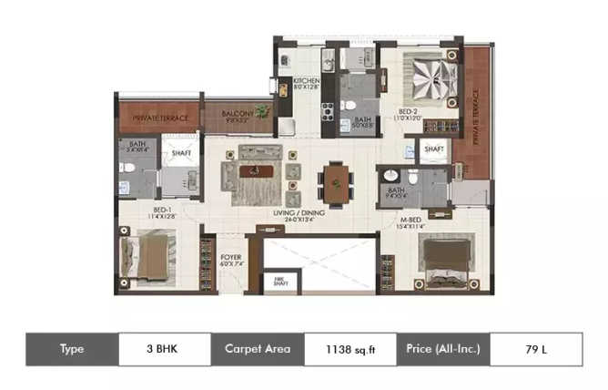 Casagrand Royale Sholinganallur - Floor plan 3 BHK 1138 Sq.ft