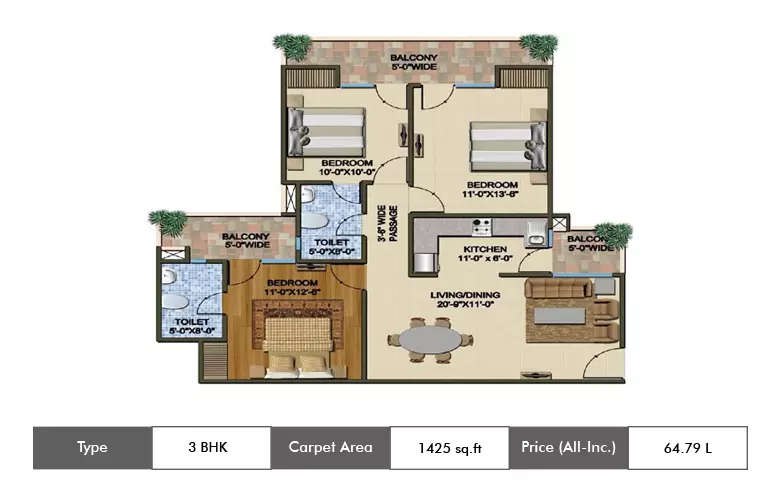 Floor plan for 3 BHK