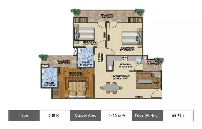 Supertech The Romano Sector 118 - Floor plan 3 BHK 1425 Sq.ft