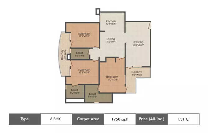 Supertech Emerald Court Sector 93A - Floor plan 3 BHK 1750 Sq.ft