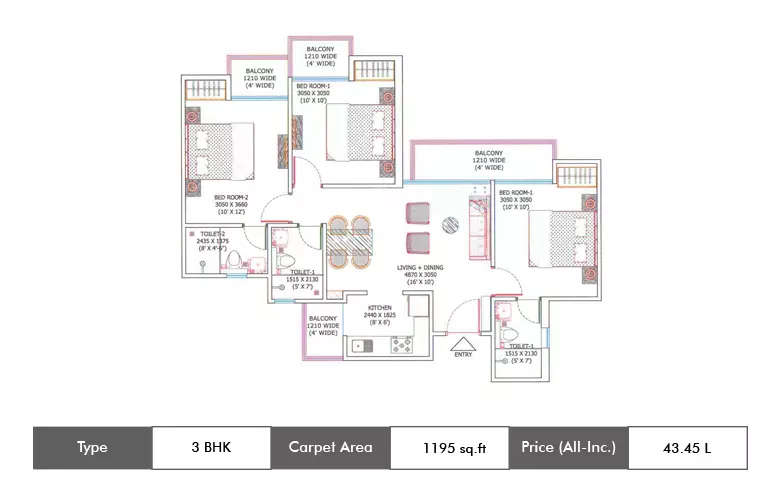 Floor plan for 3 BHK
