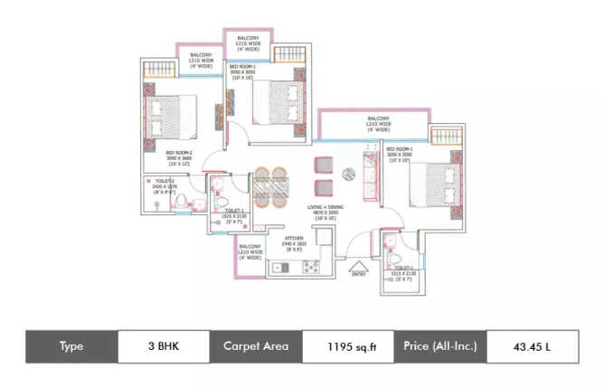 Ajnara City Sector 27 Greater Noida W - Floor plan 3 BHK 1195 Sq.ft