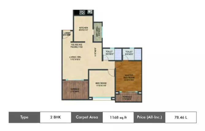 Kolte Patil Langston Kharadi - Floor plan 2 BHK 1168 Sq.ft