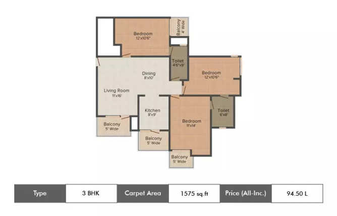 Amrapali Heartbeat City Sector 107 - Floor plan 3 BHK 1575 Sq.ft