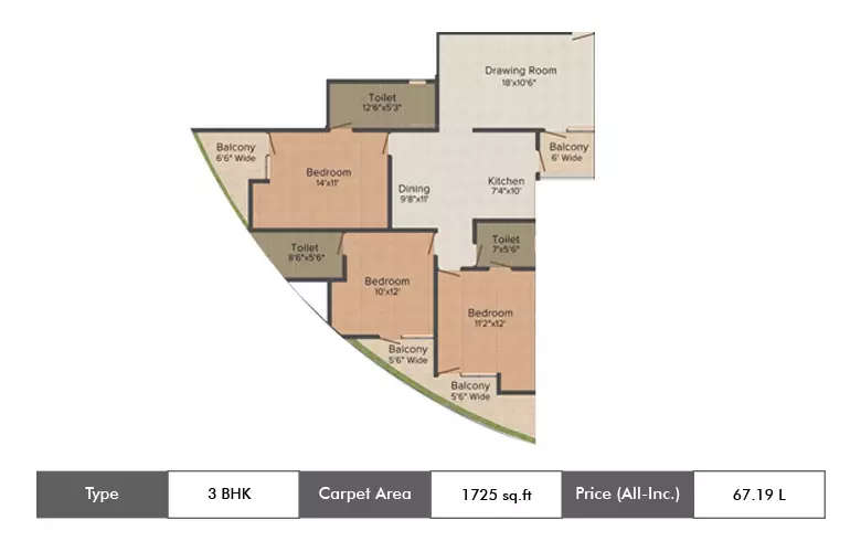 Floor plan for 3 BHK