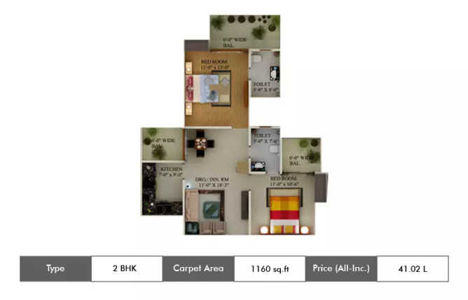 Supertech Ecovillage Sector 16B Greater Noida W - Floor plan 2 BHK 1160 Sq.ft