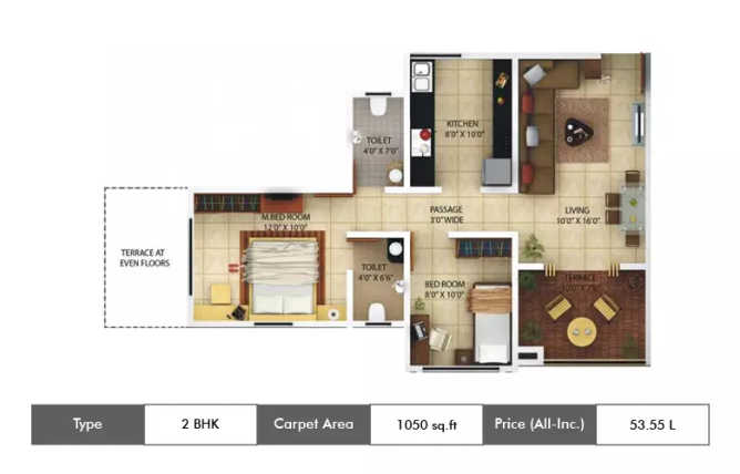Kolte Patil Margosa Heights Mohammed Wadi - Floor plan 2 BHK 1050 Sq.ft