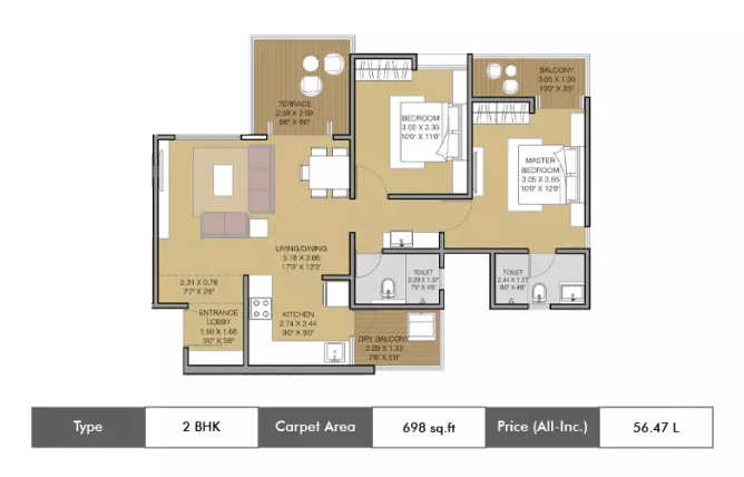Majestique Euriska Mohammed Wadi - Floor plan 2 BHK 698 Sq.ft