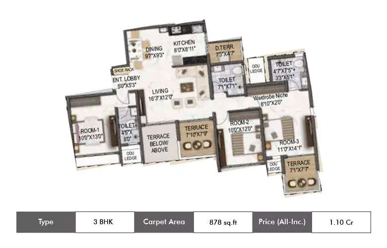 Floor plan for 3 BHK