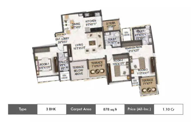Runal Gateway Ravet - Floor plan 3 BHK 878 Sq.ft