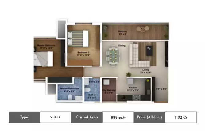 Amanora Gateway Towers Hadapsar - Floor plan 2 BHK 888 Sq.ft