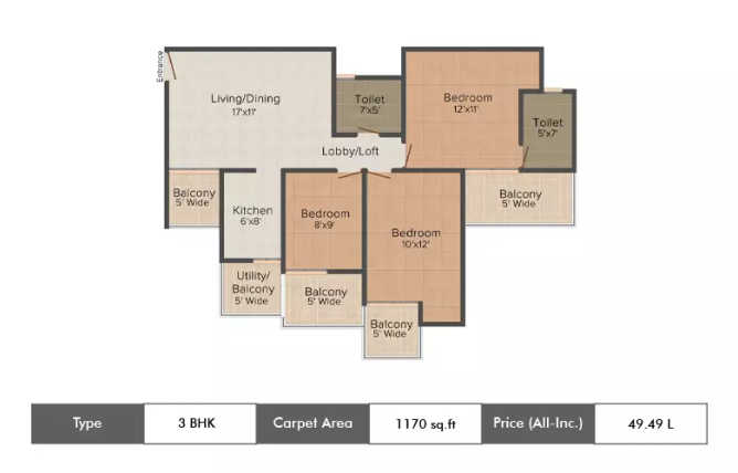 Ajnara Homes Sector 16B Greater Noida W - Floor plan 2 BHK 1170 Sq.ft