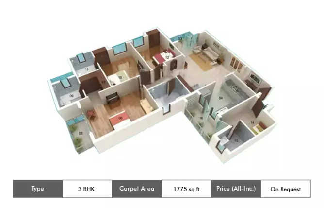 Jaypee Kassia Sector 25 - Floor plan 3 BHK 1775 Sq.ft