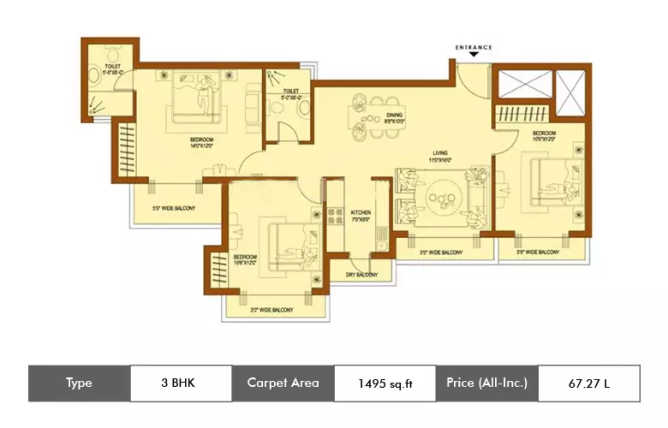 Amrapali Platinum Sector 119 - Floor plan 3 BHK 1495 Sq.ft