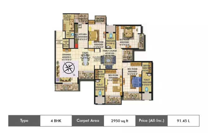 Amrapali Grand Sector Zeta I Greater Noida - Floor plan 4 BHK 2950 Sq.ft