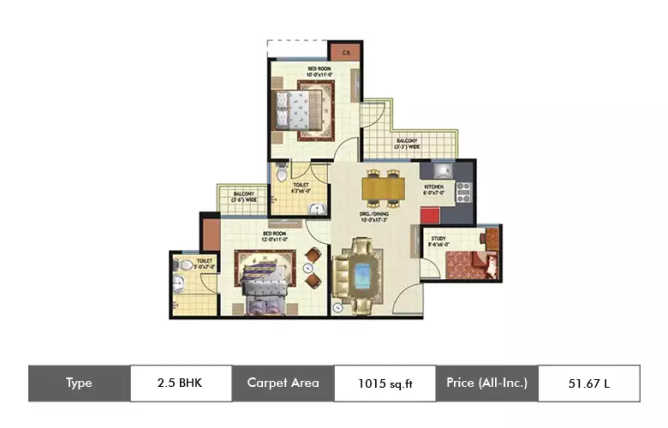 Amrapali Princely Estate Sector 76 - Floor plan 2.5 BHK 1015 Sq.ft