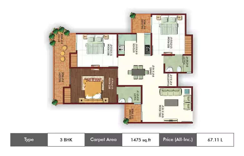 Floor plan for 3 BHK