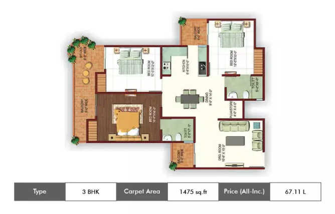 Ajnara Ambrosia Sector 118 - Floor plan 3 BHK 1475 Sq.ft