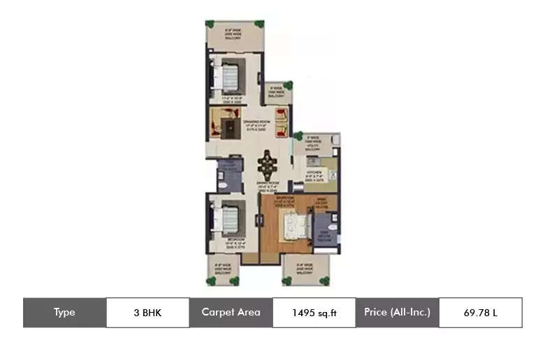 Floor plan for 3 BHK