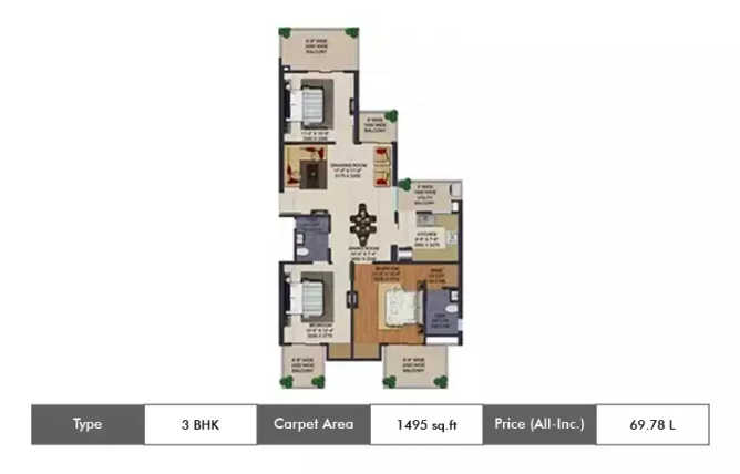 Ajnara Klock Tower Sector 74 - Floor plan 3 BHK 1495 Sq.ft