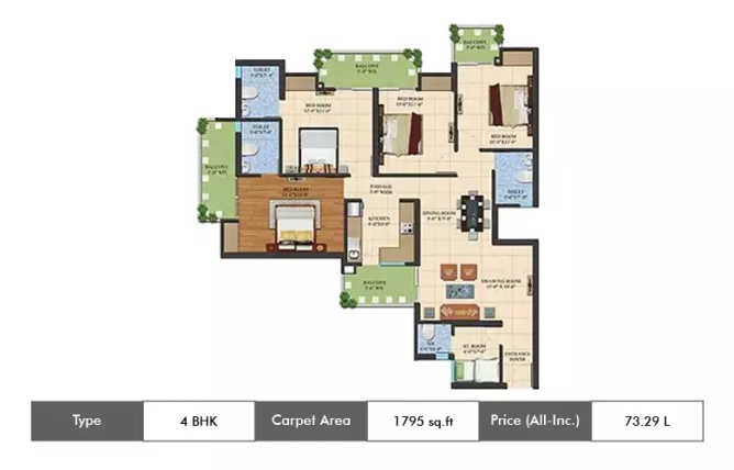 Ajnara Le Garden Sector 16B Greater Noida W - Floor plan 4 BHK 1795 Sq.ft