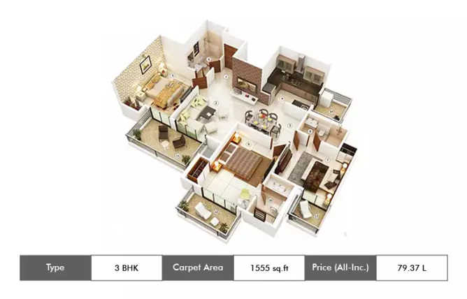 Ajnara The Belvedere Sector 79 - Floor plan 3 BHK 1555 Sq.ft