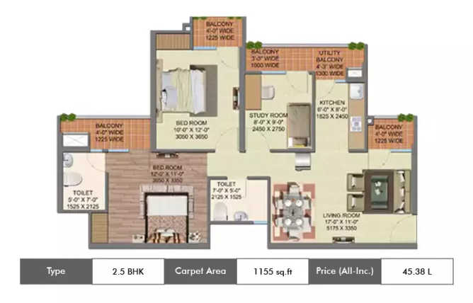 Supertech Up Country Apartments Sector 17A Greater Noida - Floor plan 2.5 BHK 1155 Sq.ft