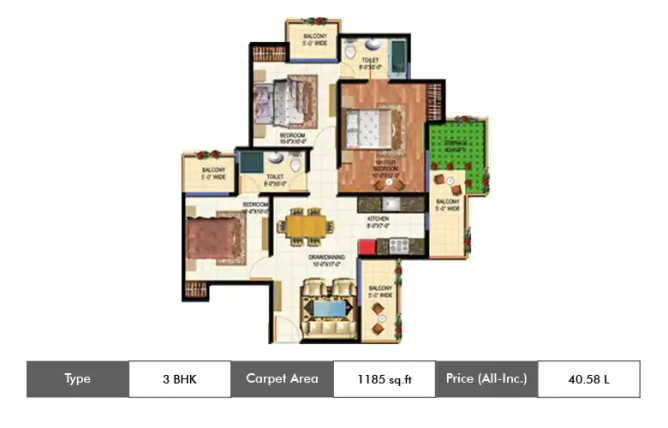 Amrapali Courtyard Techzone IV Greater Noida W - Floor plan 3 BHK 1185 Sq.ft