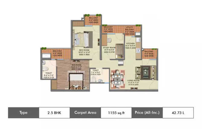 Supertech Grand Circuit Sector 17A Greater Noida - Floor plan 2.5 BHK 1155 Sq.ft