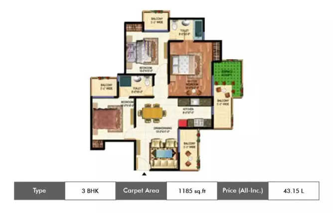 Amrapali Terrace Homes Techzone IV Greater Noida W - Floor plan 3 BHK 1185 Sq.ft