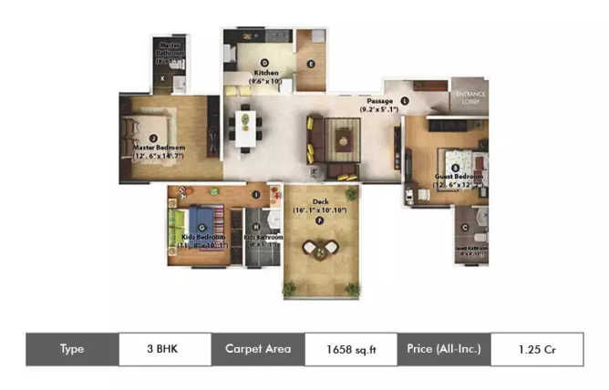 Gera Song Of Joy Kharadi - Floor plan 3 BHK 1658 Sq.ft