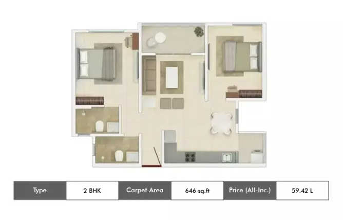 Rohan Ipsita Hinjewadi - Floor plan 2 BHK 646 Sq.ft