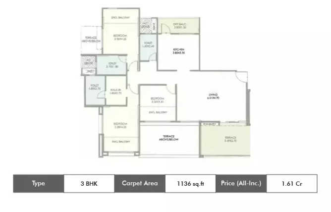 Kolte Patil 24K Stargaze Bavdhan - Floor plan 3 BHK 1136 Sq.ft