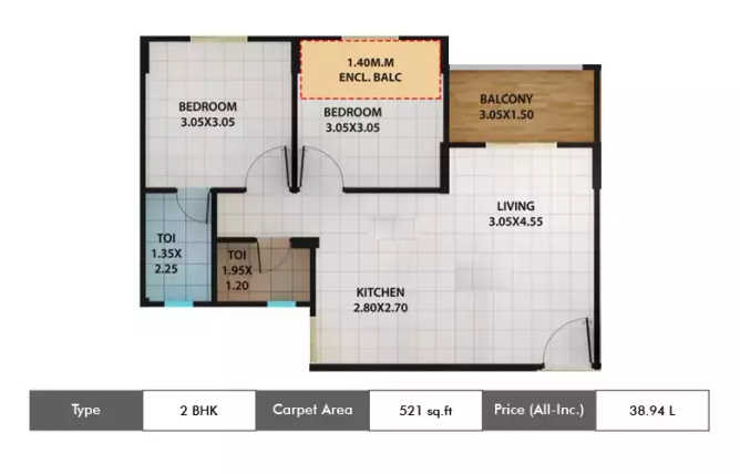 Kolte Patil Ivy Estate Wagholi - Floor plan 2 BHK 521 Sq.ft