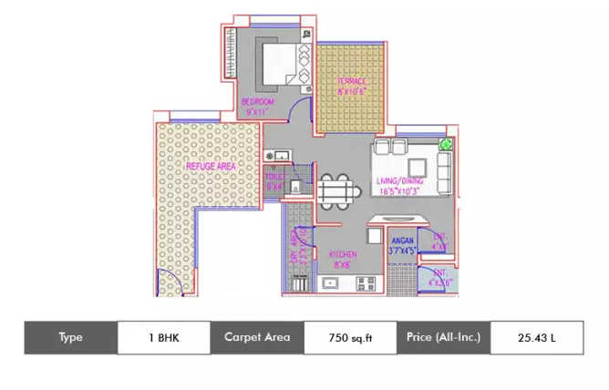 Majestique City Wagholi - Floor plan 1 BHK 750 Sq.ft