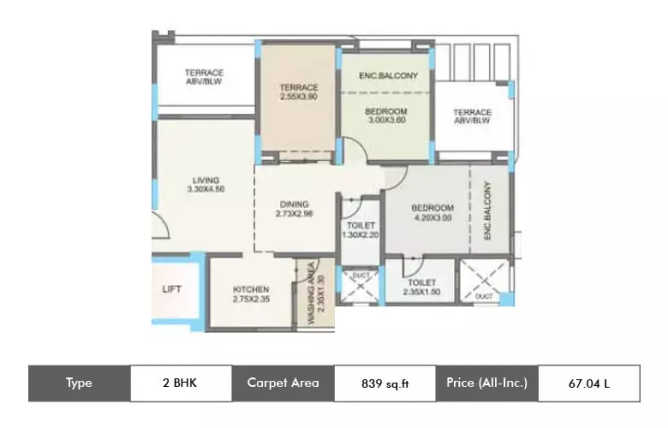 Kolte Patil Green Olive Hinjewadi - Floor plan 2 BHK 839 Sq.ft