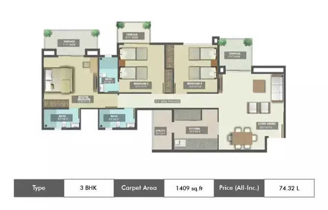 Tata Inora Park Undri - Floor plan 3 BHK 1409 Sq.ft