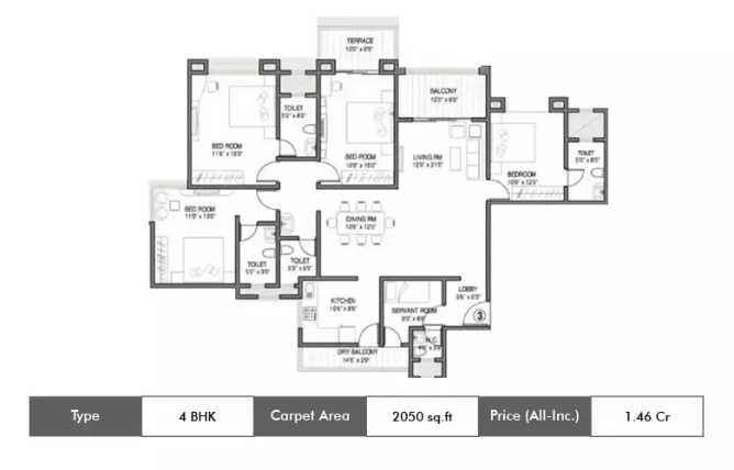 Kolte Patil 24K Allura Undri - Floor plan 4 BHK 2050 Sq.ft