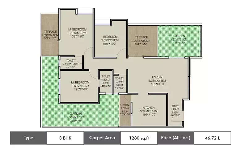 Floor plan for 3 BHK