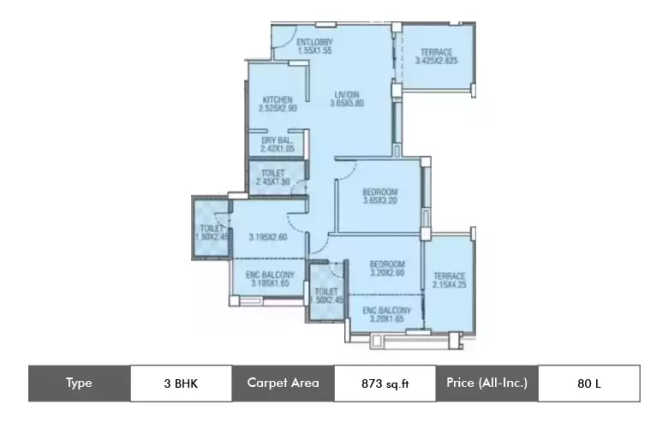 Kumar Princeville Moshi - Floor plan 3 BHK 873 Sq.ft