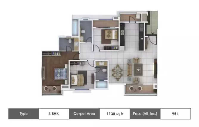 Kumar Megapolis Mystic Hinjewadi - Floor plan 3 BHK 1138 Sq.ft