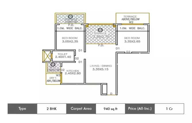 Kolte Patil Three Jewels Kondhwa - Floor plan 2 BHK 940 Sq.ft