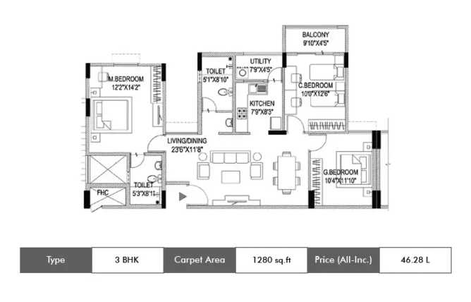 Shriram Smrithi Sarjapura - Floor plan 3 BHK 1280 Sq.ft