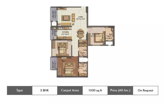 Shriram Summitt Electronic City - Floor plan 3 BHK 1030 Sq.ft