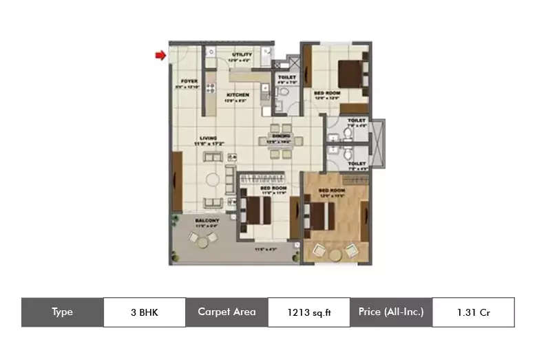 Floor plan for 3 BHK