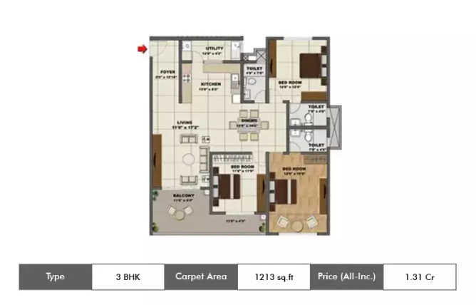 Shriram Chirping Woods Devanahalli - Floor plan 3 BHK 1213 Sq.ft