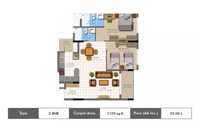 Supertech Micasa Thanisandra - Floor plan 2 BHK 1129 Sq.ft