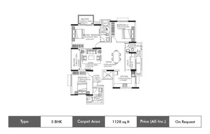 Kolte Patil Itowers Exente Electronic City - Floor plan 3 BHK 1128 Sq.ft