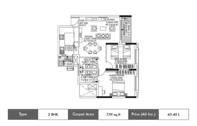 Kolte Patil Raaga Yerappanahalli - Floor plan 2 BHK 739 Sq.ft